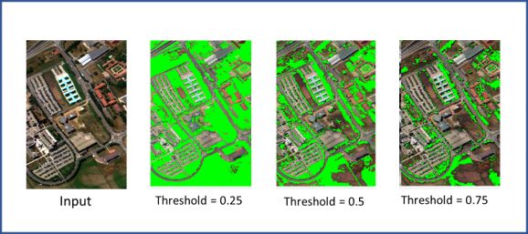 具有最高 NDVI 值的（最右側）圖像以綠色表示植被更健康、更茂密的區域。